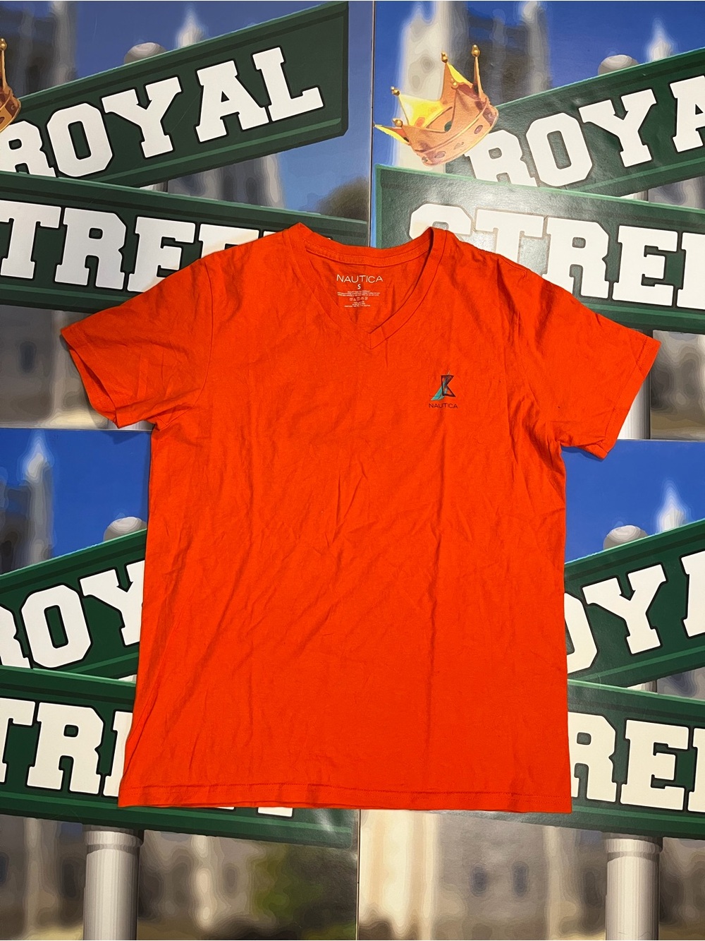 Nautica Men’s V-Neck T-Shirt in Bright Orange with Logo